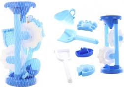 Kék gyerek homok- és vízimalom homokformákkal