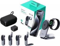 Mágneses vezeték nélküli töltő 3 az 1-ben AUKEY MagFusion, Qi2 15 W, szürke