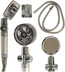 Ezüst zuhanyfej turbinával és tömlővel