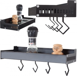 Fali alumínium fűszertartó polc kampókkal, fekete