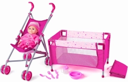 WOODY Gyermek szett babakocsival és kisággyal
