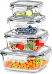 Üveg ételtároló dobozok szilikon tömítéssel, négyzet alakú, 4 darabos készlet