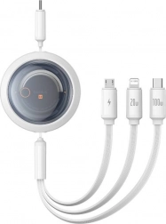 Kihúzható gyors­töltő kábel 3 az 1-ben BASEUS Free2Draw, USB‑C USB‑C/Lightning/Micro felé, 100 W, 1,1 m, fehér