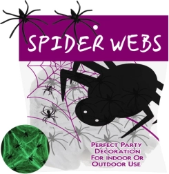 Fluoreszkáló, sötétben világító halloween-i pókháló RUHHY 20 pókkal - 1 db
