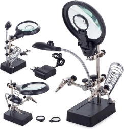 Harmadik kéz nagyítóval 2,5× 90 mm és LED világítással forrasztáshoz