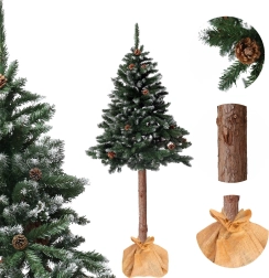 Műfenyő karácsonyfa természetes törzsön 150 cm, „gyémánt” fenyő tobozokkal, havas