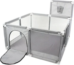 Gyerek járóka 130 × 130 cm száraz medencével és kosárral – szürke