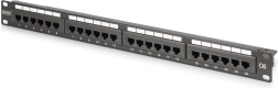 Patch panel 19" 24× RJ45 Cat 6, árnyékolatlan, 1U, LSA, kábelvezetés, feliratozó mezők, fekete