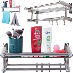 Fali függesztett fürdőszobai polc kampókkal és dupla törölközőrúddal, alumínium, ezüst