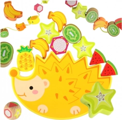 Montessori egyensúlyozó fa játék – sündisznó felfűzhető gyümölcskockákkal