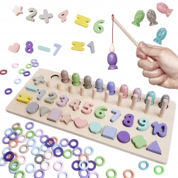 Fából készült 2 az 1-ben oktatójáték: formaválogató, számláló és mágneses halacskák