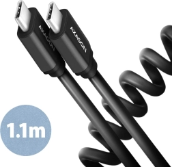 Axagon Twister USB‑C – USB‑C spirálkábel 1,1 m, USB 2.0, 3 A, alumínium, fekete