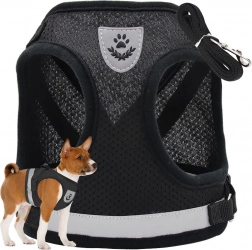 Nyomásmentes hám kutyáknak, macskáknak és nyulaknak XS – fekete, fényvisszaverő, pórázzal