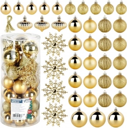 Vilde karácsonyi díszek arany színben, törhetetlen, 40 db (4/5/6 cm + hópelyhek 10 cm)