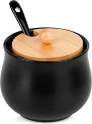 Kerámia fekete cukortartó bambusz fedővel és kanállal, 250 ml