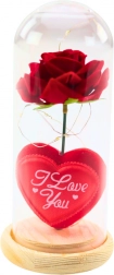 Örök rózsa üvegkupolában LED világítással, piros, szívecskével
