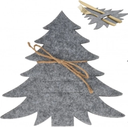 Filc karácsonyi evőeszköztartó fenyőfa alakban, szürke, 4 darabos készlet