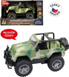 Katonai jeep lendkerekes meghajtással, fényekkel és cseh legénységi hangokkal 1:16