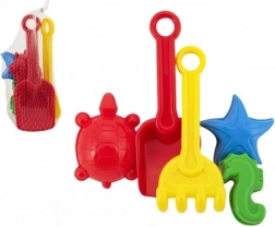 Műanyag homokozókészlet lapáttal, gereblyével és formákkal hálóban