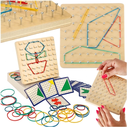 Fa geoboard – oktató geoplan színes gumikkal és mintakártyákkal
