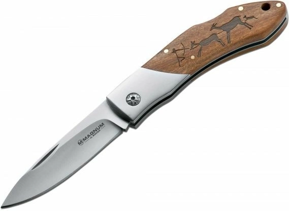 Magnum Caveman Steel zsebkés 8,2 cm-es pengével, fa markolattal és barlangi motívummal