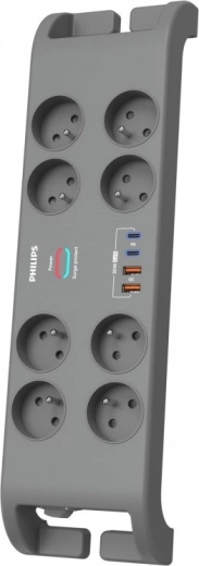 Túlfeszültség-védett hosszabbító 2 m, 8 aljzat, 2× USB‑C és 2× USB‑A, 30 W GaN, 2400 J – PHILIPS