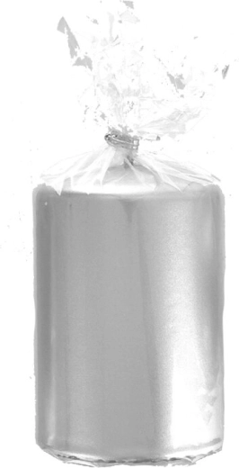 Metálfényű ezüst henger gyertya 7 × 10 cm