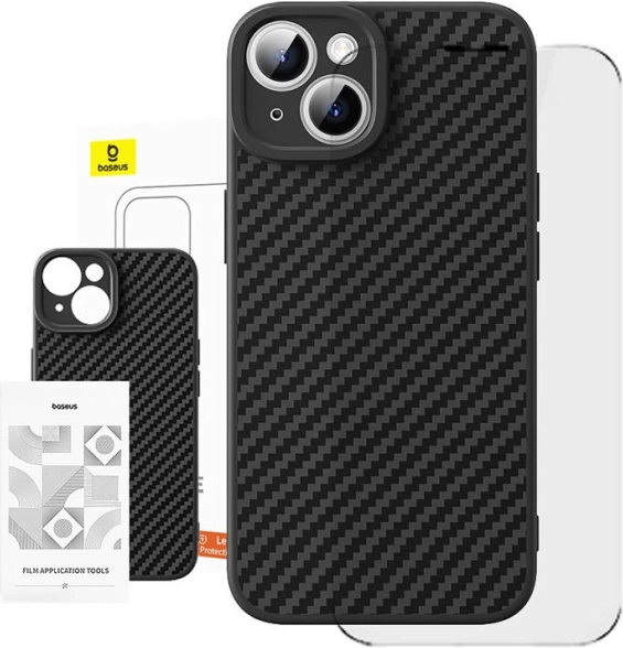 Baseus szintetikus szálas tok iPhone 15 Plushoz edzett üveggel