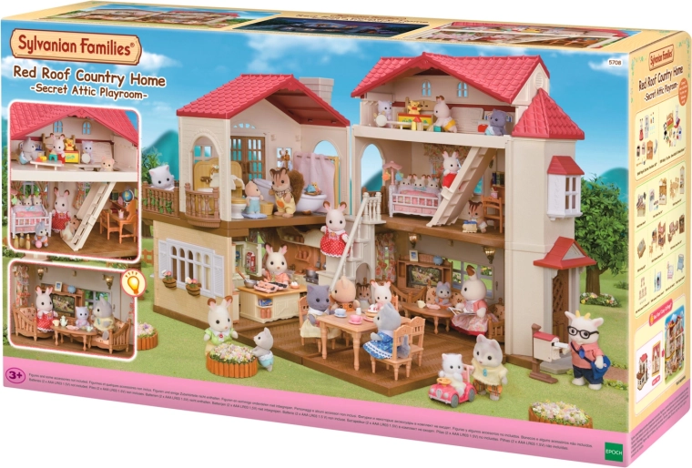Sylvanian Families emeletes ház piros tetővel és világítással
