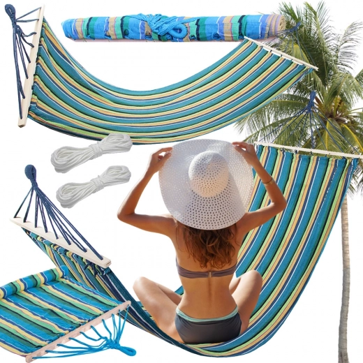 Kerti függőágy fa merevítéssel, 200 × 80 cm, csíkos, teherbírás 150 kg