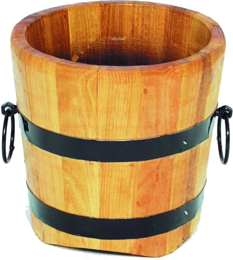 fa virágcserép fémabroncsokkal és fogantyúkkal 25 × 25 cm