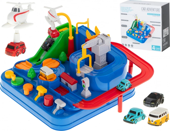 Interaktív autós akadálypálya park 4 járművel és helikopterrel 24 × 24 cm