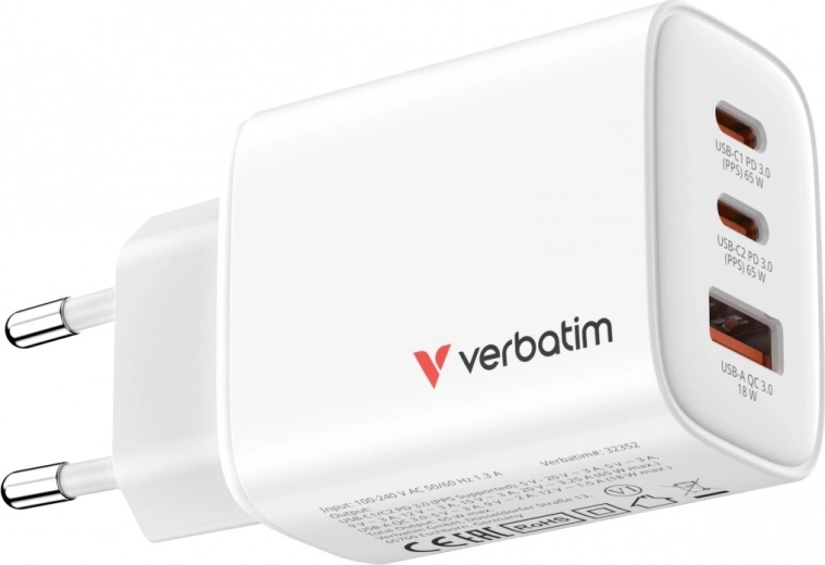 Verbatim Essentials GaN hálózati töltő 65 W (2× USB‑C PD 3.0 + 1× USB‑A QC 3.0), EU, fehér