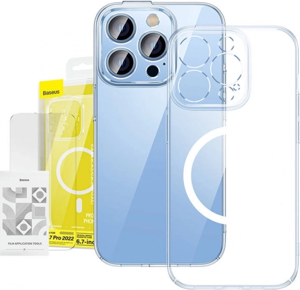 Baseus Crystal átlátszó mágneses tok és edzett üveg iPhone 14 Pro Max-hoz
