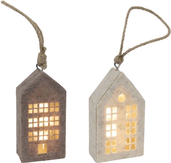 Karácsonyi felakasztható filc ház dekoráció LED-del, 14,5 cm