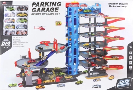 Nagy, emeletes garázs kisautókkal és heliporttal