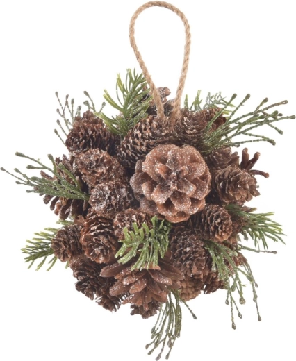 Függeszthető dekoratív gömb fenyőtoboz (pinia) megjelenéssel, 16 cm