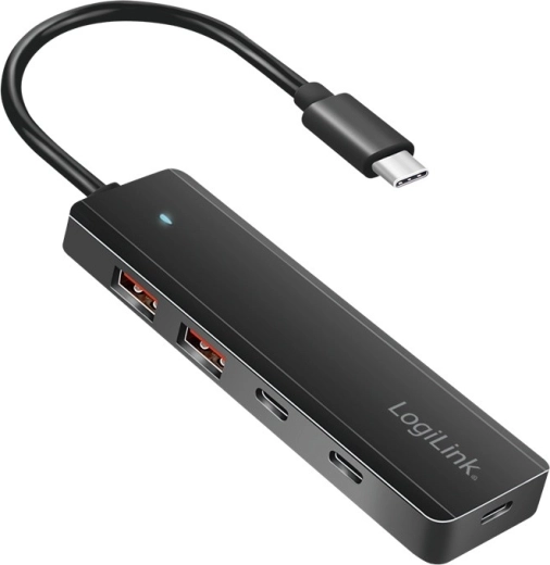 Ultravékony USB‑C hub 4 porttal (2× USB‑A, 2× USB‑C), fekete