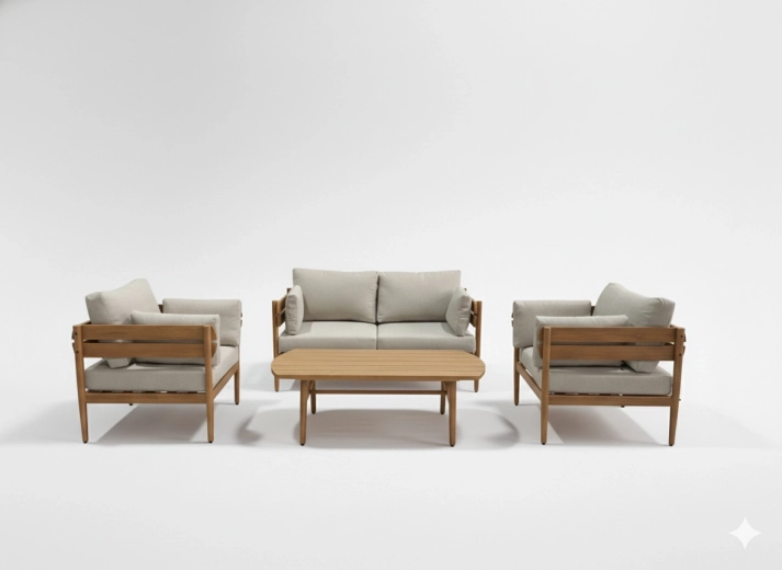 Alumínium kerti ülőgarnitúra Podgorica, 4 részes (kanapé, 2 fotel, dohányzóasztal) – barna váz, bézs párnák