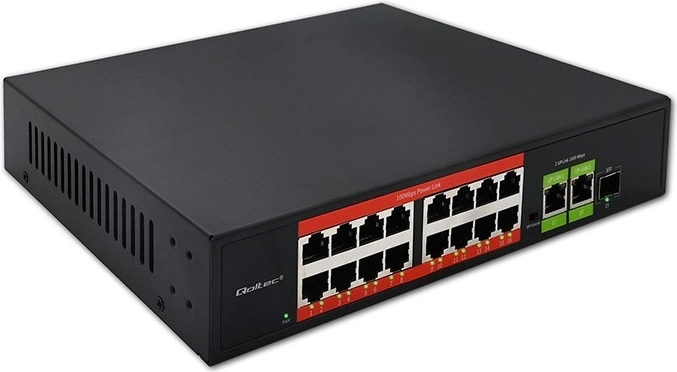 Fast Ethernet PoE switch 16× RJ45 10/100 Mb/s + 2× uplink gigabites RJ45 és 1× SFP