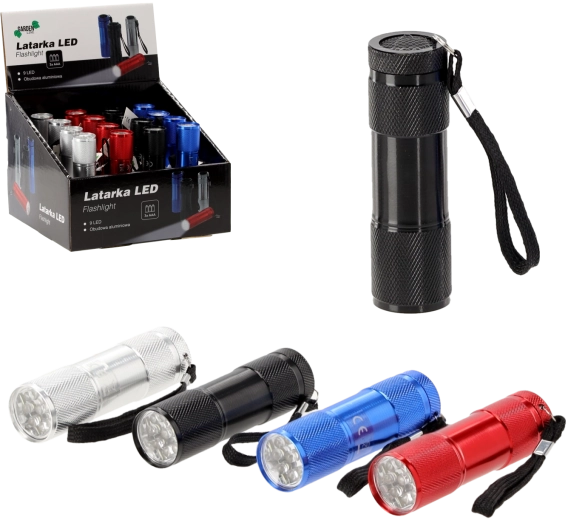zseblámpa, vegyes színekben, 9 LED-del és csuklópánttal