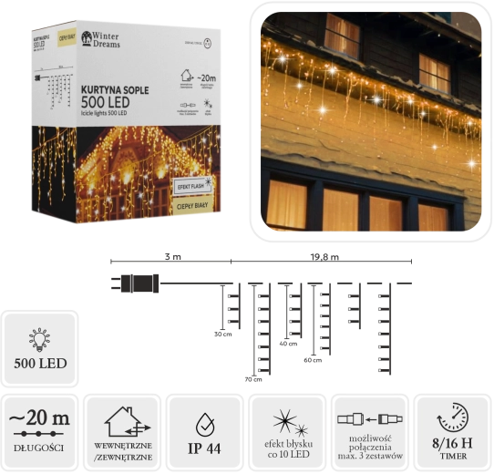 LED-es fényfüggöny jégcsapokkal, 500 LED, meleg fehér fénnyel és hideg fehér villogó effekttel, 20 m