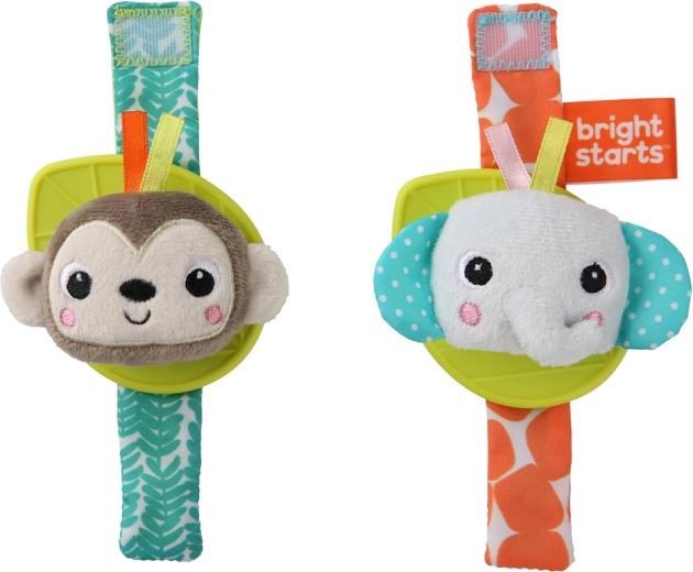 BRIGHT STARTS csörgős csuklópánt rágókával – majom és elefánt, 2 db