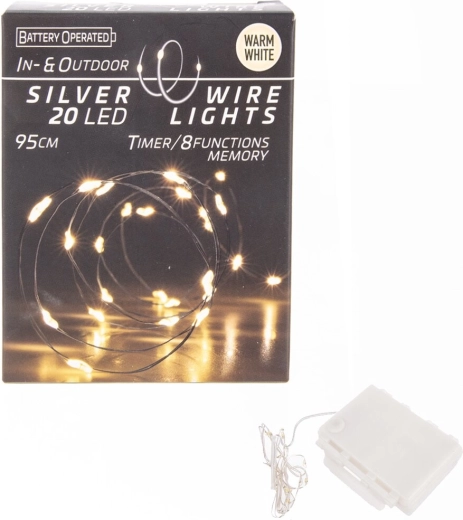 LED fényfüzér vékony dróton, 20 db sárga LED-del, időzítővel