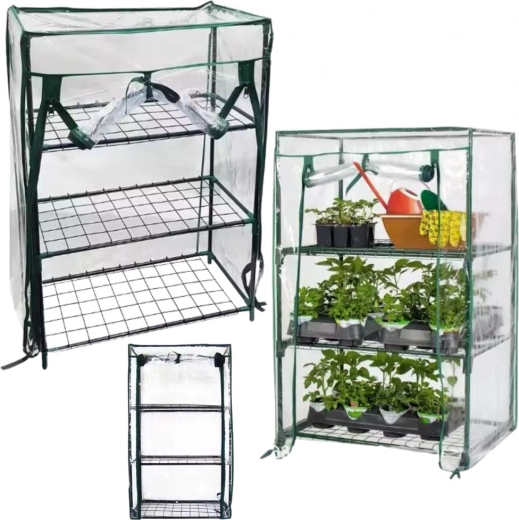 Mini üvegház erkélyre fém polcokkal és PVC fóliával