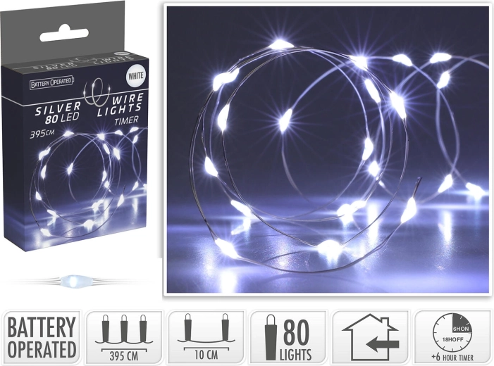 Karácsonyi LED fényfüzér 3,95 m, 80 LED, hideg fehér, elemes időzítővel – 1 db