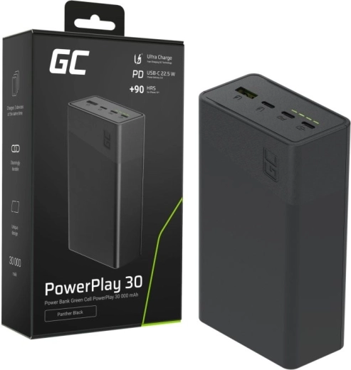 Powerbank 30000 mAh, 22,5 W, 4 port, fekete