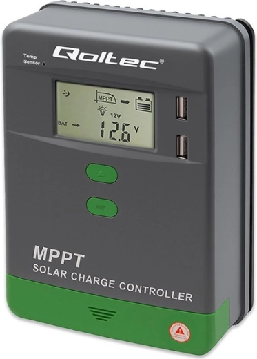 MPPT 10A napelemes töltésszabályzó LCD-vel, Bluetooth-szal és hőmérséklet-érzékelővel 12/24 V rendszerekhez, 2× USB, GEL és LiFePO4 támogatással
