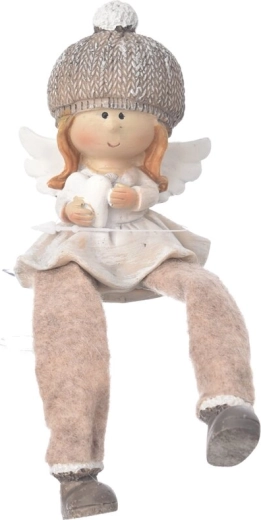 Ülő polystone angyal sapkával, bézs, 10 cm