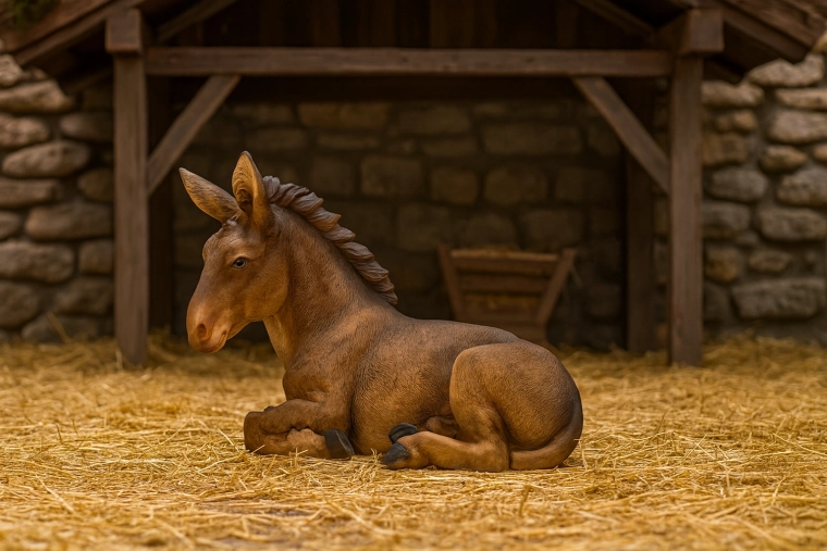 Fekvő szamárka betlehemi figura 34 cm – polyresinből